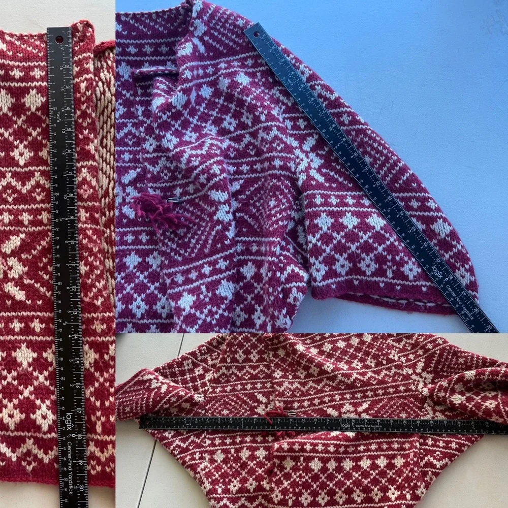 Cabi M Red White Fair Isle Wool Blend Pin Closure Knit Wrap Nordic Shrug Sweater